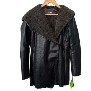 Sam Edelman black faux leather Sherpa lined hooded coat XS NWT $313 MSRP